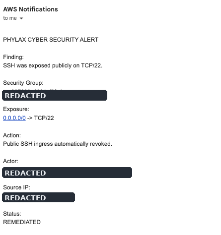 SNS remediation email with sensitive values redacted
