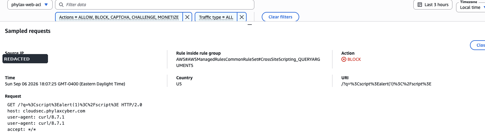 AWS WAF sampled request showing the XSS-style request blocked